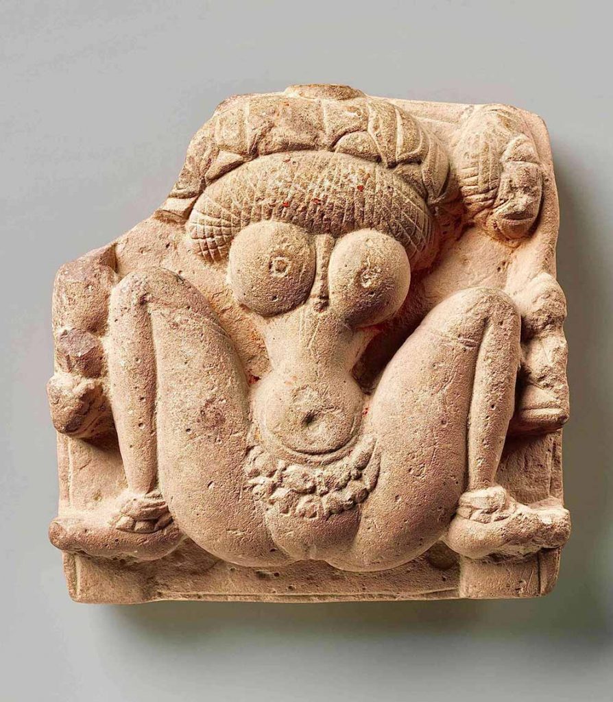 A miniature sculpture from the sixth century depicting the lotus-headed fertility goddess Lajja Gauri. Credit: Ms Sarah Welch, CC BY-SA 4.0, via Wikimedia Commons.